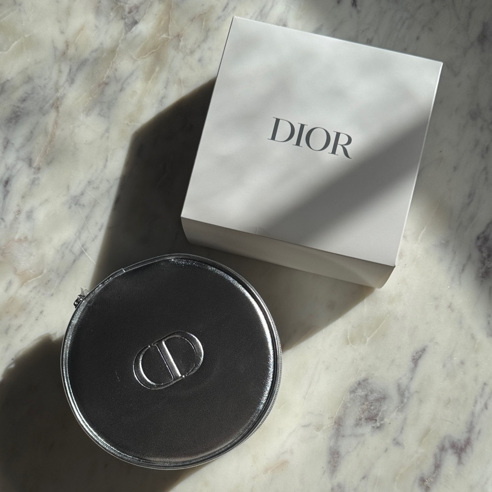 Dior // Silver Leather Round Pouch Vanity Case